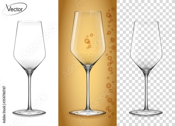 Fototapeta Glass for white wine and champagne with bubbles. Empty glass on a transparent background and on an amber background. Tableware for drinks made of glass. Realistic, highly detailed layout. The effect o