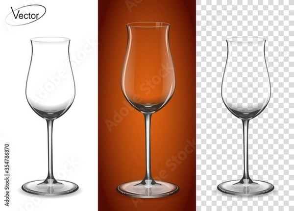 Fototapeta Realistic, highly detailed layout. The effect of 3d, vector. A glass for cognac and Armagnac. Empty glass on a transparent background and on a cognac background. Tableware for drinks made of glass.