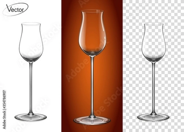 Fototapeta Empty glass on a transparent background and on a cognac background. Tableware for drinks made of glass. A glass for cognac and Armagnac. Realistic, highly detailed layout. 3d, vector.