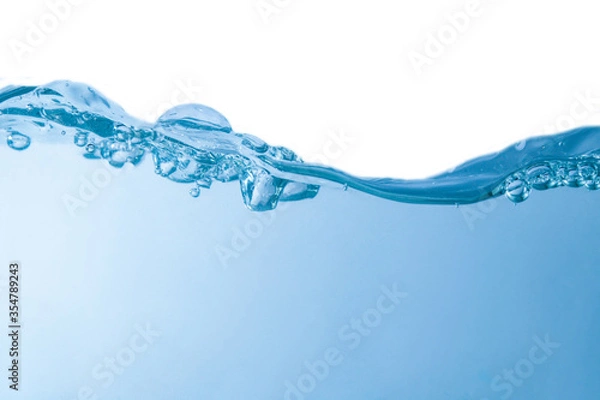Fototapeta Surface Water drops, splashing waves 3D, transparent blue with bubbles In beautiful nature On a white background