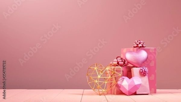 Obraz valentine gift box on wood paint and pink wall 3d render