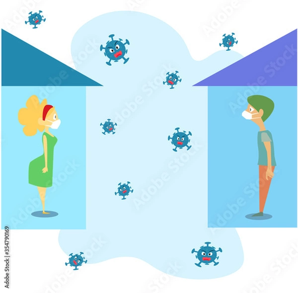 Fototapeta Illustration vector graphic of man and woman in their house with mask for protect them from corona virus outside.