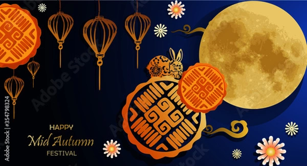 Fototapeta Mid Autumn Festival of Asian style for template with full moon, lantern, moon cake, flower, rabbit and clould white and gold color concept for greeting card, banner, postcard, wallpaper.