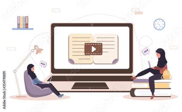 Fototapeta Online education. Flat design concept of training and video tutorials. Student learning at home. Vector illustration for website banner, marketing material, presentation template, online advertising.