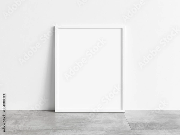 Fototapeta Vertical empty white frame mock up on concrete floor. Empty frame mockup. 3d illustrations.