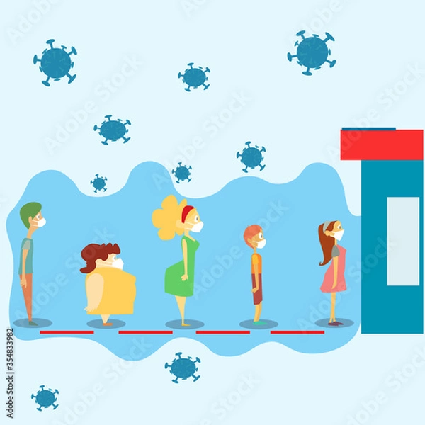 Fototapeta Illustration vector graphic of people with their mask and stand with physical distancing for protect them from corona virus.