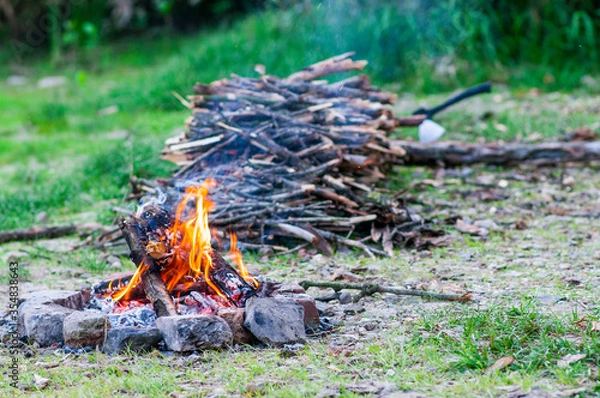 Obraz Small campfire with flames beside a lake with wood pile on the side.