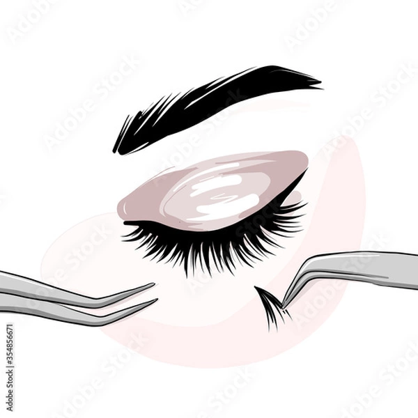Fototapeta Lash extension beautican procedure, lash stylist make faux eyelash extention, professional beauty service. Permanent Natural eyelashes application courses, training, masterclass. Volume, long lashes