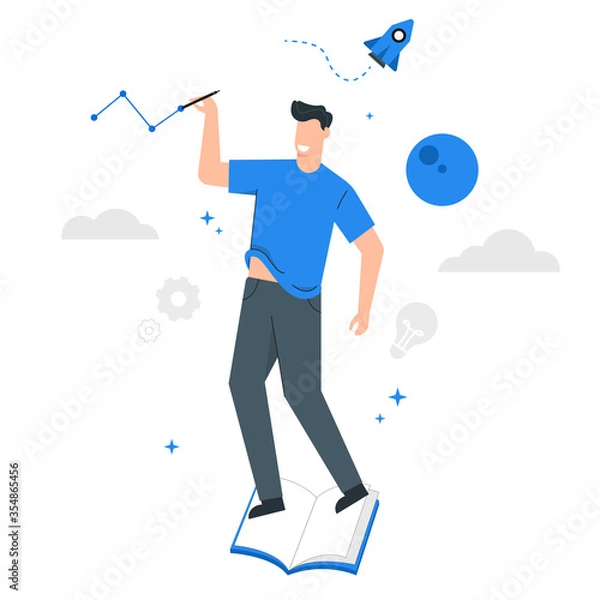 Fototapeta Learning concepts for developing skills and abilities,Innovation development,learning from book,rocket,space,science,Blue tone vector character illustration