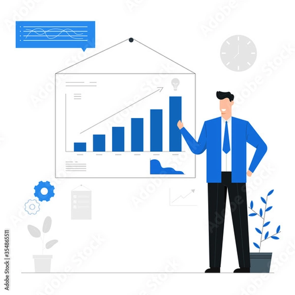 Fototapeta Businessman presenting business growth trend,Analysis for investment,Marketing financial,Data display by graph,Character illustration banner background blue