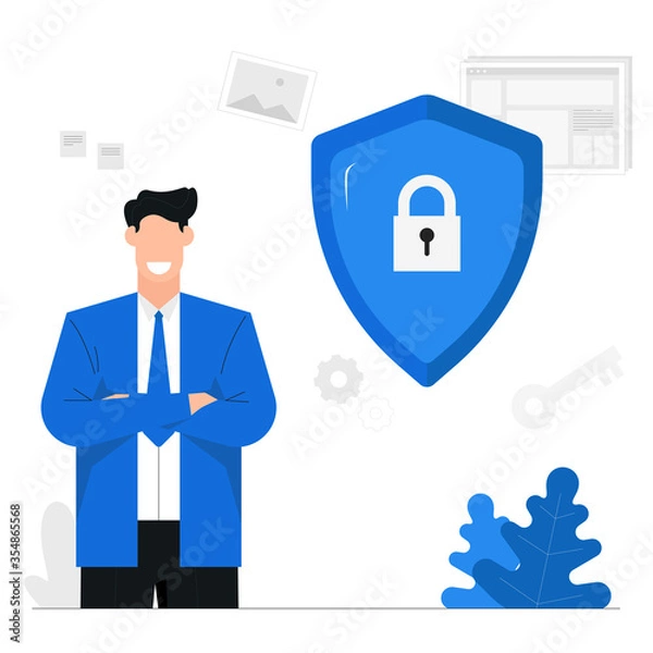 Fototapeta Security of business information or website,Safety technology,Antivirus and hacking system,lock,key,businessman,Character illustration banner background blue