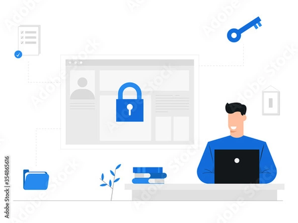 Fototapeta Security of business information or website,Safety technology,Antivirus and hacking system,lock,key,document,data,Social,businessman,Character illustration banner background blue