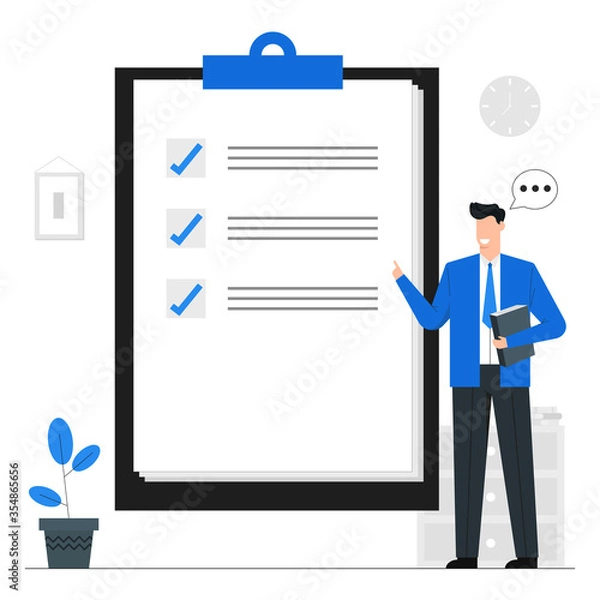 Fototapeta Verification of business documents,Checking report paper,businessman character,Blue illustration background