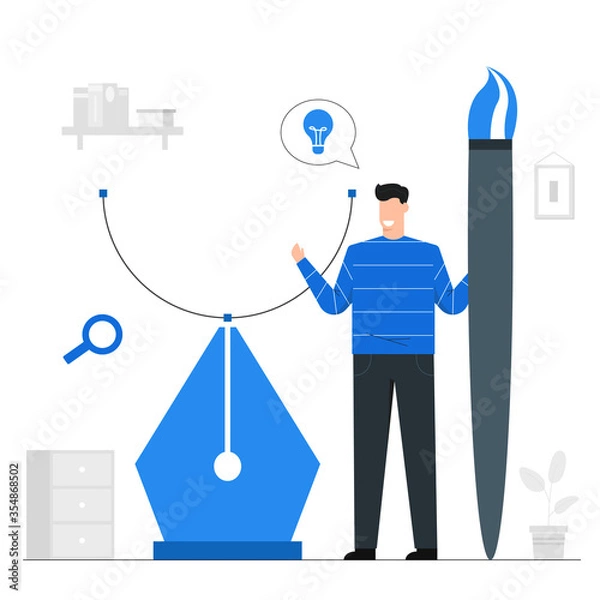 Fototapeta Man holding paintbrush to use to create art,Creative skills training,Ideas for innovation,Blue illustration background