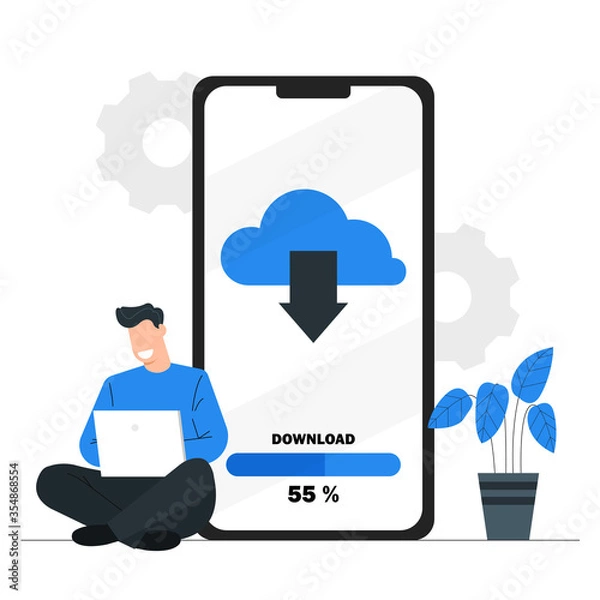 Fototapeta Man sitting and working and downloading data from the cloud computing on to a mobile phone,Download concept,Data retention technology,Blue illustration background