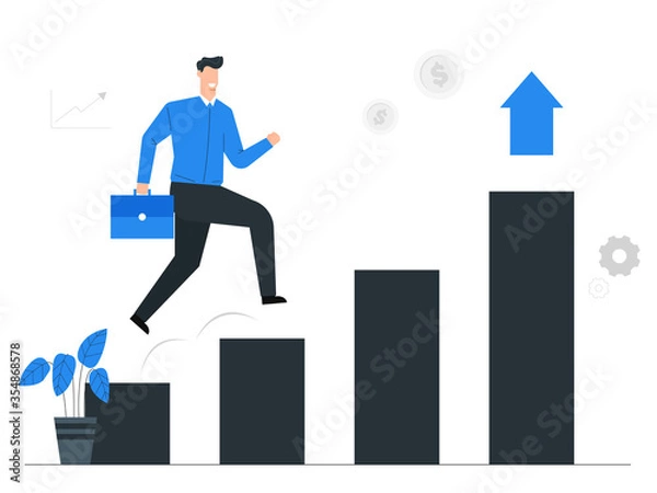 Fototapeta The businessman is jumping on the growth graph for the target,Business growth or investment,Setting goal for success,Blue illustration background
