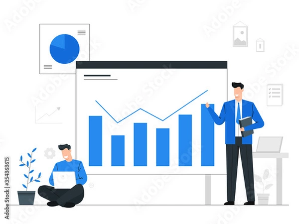 Fototapeta Growth in business and investment,Team work concept,Businessman are showing a growth rate,Data reporting with graph and chart,Blue tone vector illustration