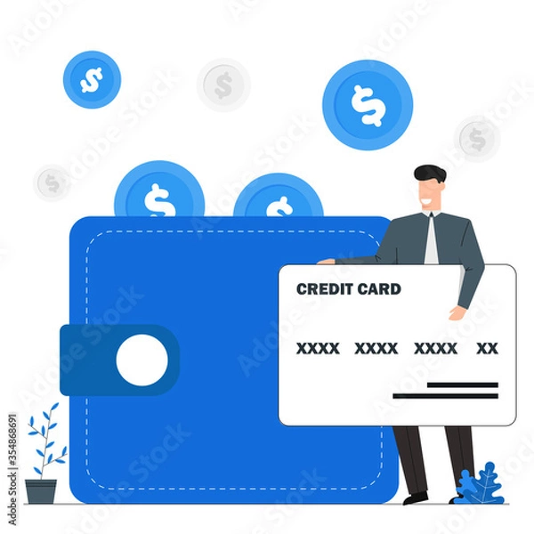 Fototapeta Man with a credit card,finance,bank,saving money,deposit,transfer,withdrawal,The concept of spending money via ATM card,Blue tone vector illustration