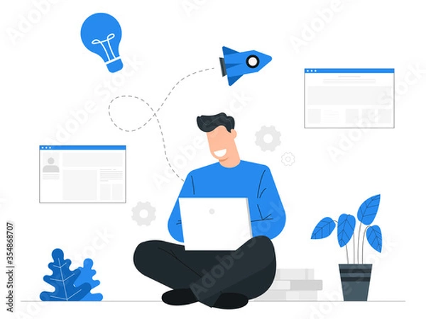 Fototapeta Man sitting and working with his laptop,Website developer System management,Modernize innovation,Blue tone background vector illustration
