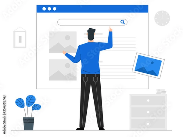 Fototapeta Man searching for images to be used,Upload pictures,Picture collection website,Blue tone background vector illustration