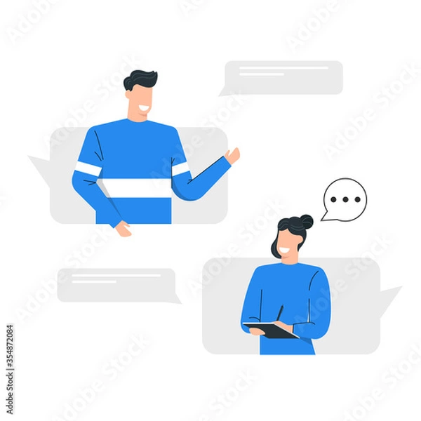 Fototapeta The conversation between man and women,Social communication,Blue tone vector character illustration