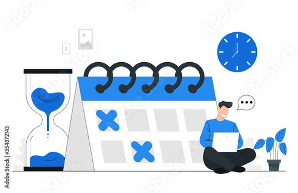 Fototapeta Man working completed on schedule,Appointment management,Telling the time, hourglass and calendar,Blue tone background vector illustration