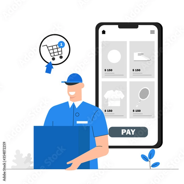 Fototapeta Shopping online concept,Delivery employee or packages,Internet trading,Payment for purchases,business,Blue tone vector illustration