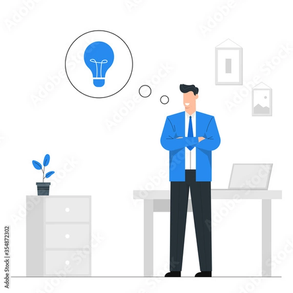 Fototapeta Businessman stand to think of business ideas,Creativity for work,Blue tone vector illustration