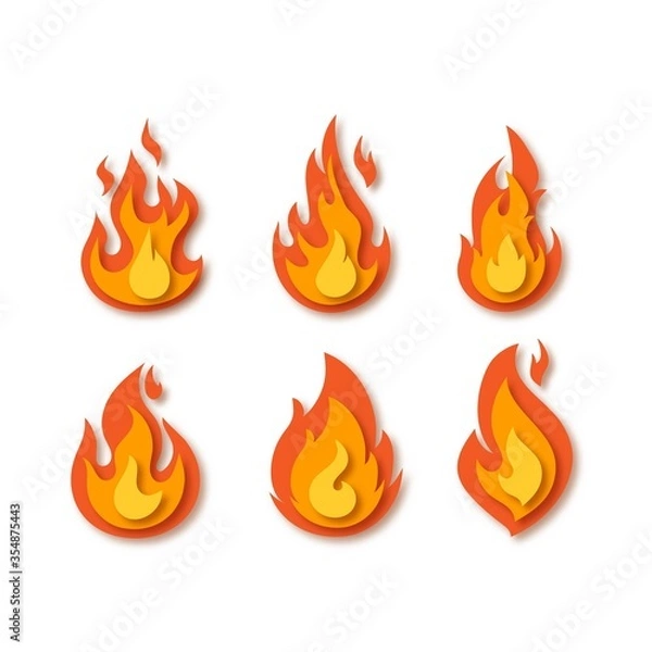 Fototapeta Set of fire flames on white background. Paper cut out art digital craft style. Vector illustration