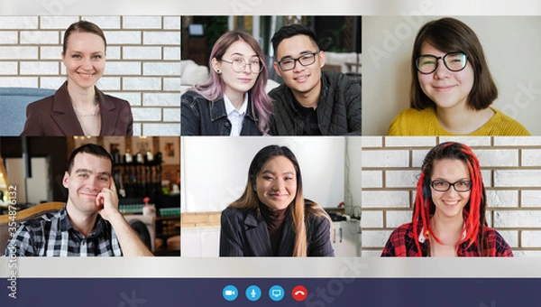 Fototapeta Screenshot of the laptop screen of a video conference of employees at remote work. Video call of businesspeople talking and laughing.