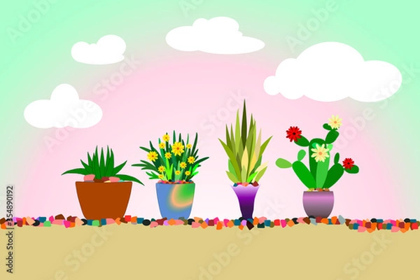 Obraz The abstract drawing picture of four beautiful ornamental plants for background, Gift Wrap ,wallpaper, fabric print, cloth texture, illustration.