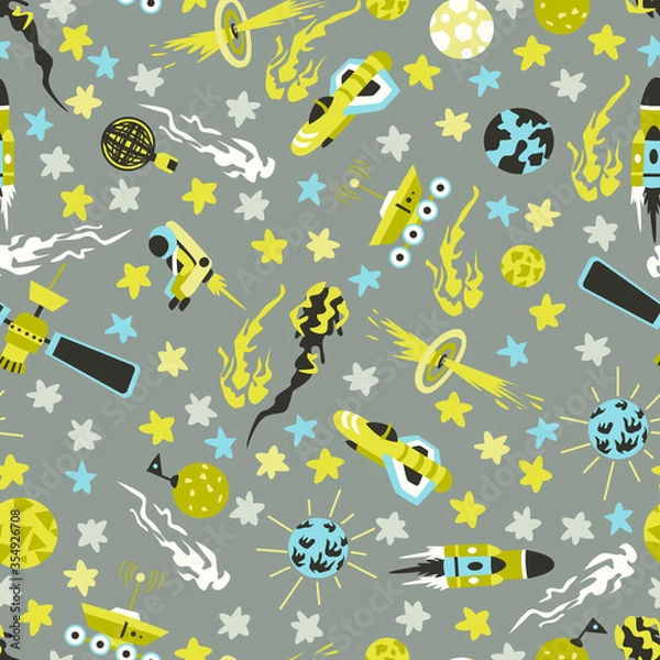 Fototapeta Seamless background with spaceships and stars, Space Pattern