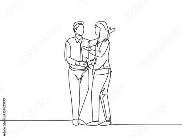 Fototapeta Single line drawing of businessmen handshaking his business woman partner. Great teamwork. Business deal concept with continuous line draw style vector illustration