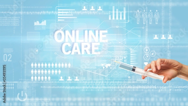 Fototapeta Close-up view of doctor's hand in a white glove holding syringe with ONLINE CARE inscription, healthcare and medical concept