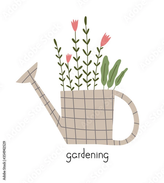 Fototapeta Vector illustration of a watering can with flowers.