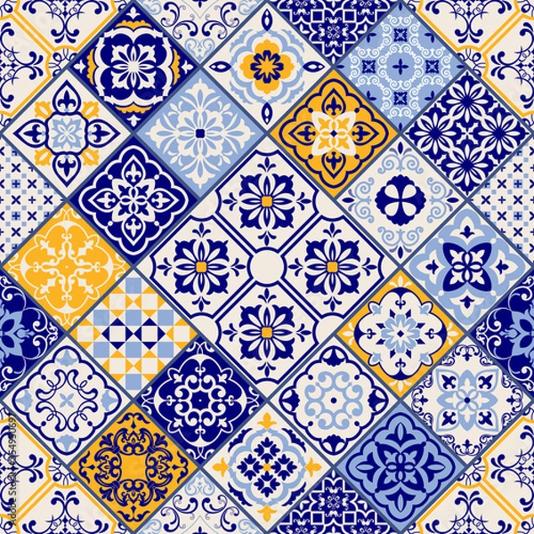 Obraz Azulejos tiles patchwork. Seamless colorful patchwork. Hand drawn seamless abstract pattern. Majolica pottery tile, blue, yellow azulejo. Original traditional Portuguese and Spain decor. Vector