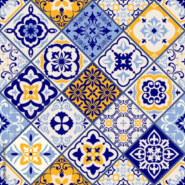 Fototapeta Azulejos tiles patchwork. Seamless colorful patchwork. Hand drawn seamless abstract pattern. Majolica pottery tile, blue, yellow azulejo. Original traditional Portuguese and Spain decor. Vector
