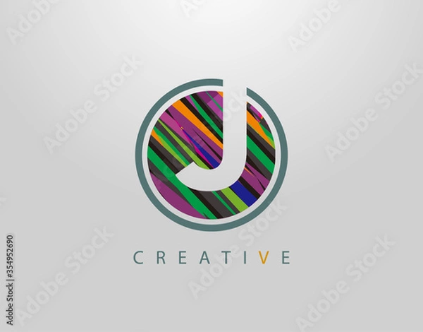 Fototapeta Creative J Letter Logo. Modern Abstract Circle Geometric Initial J Icon Design, sreated rith strips with pop art coloring.