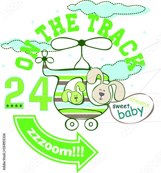 Fototapeta Funny bunny in the helicopter vector character illustration