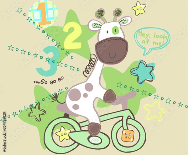 Obraz Cute giraffe on the bicycle vector character illustration