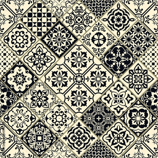 Fototapeta Seamless colorful patchwork in turkish style. Hand drawn background. Azulejos tiles patchwork. Portuguese and Spain decor. Islam, Arabic, Indian, ottoman motif. Perfect for printing on fabric or paper