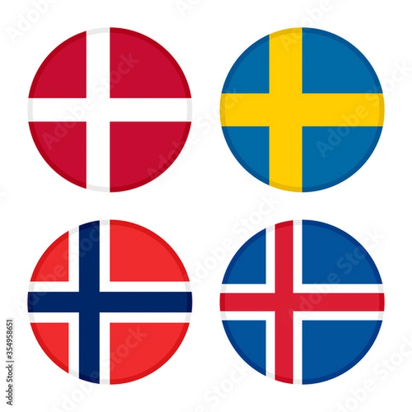 Fototapeta set of round icons flags. denmark, sweden, norway and iceland flags, isolated on white background 