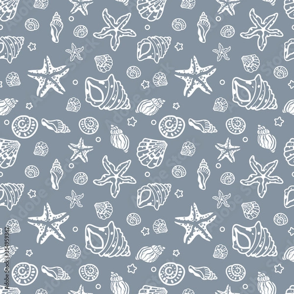 Fototapeta Seamless pattern of white seashells and starfish on a gray background. Vector graphics.