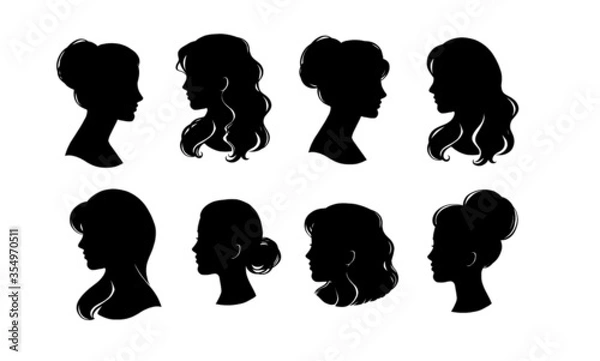 Fototapeta Woman head silhouette, face profile, vignette. Hand drawn vector illustration, isolated on white background. Design for invitation, greeting card, vintage style.