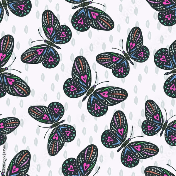 Fototapeta Butterfly silhouettes seamless pattern on white background. Hand drawn vector illustration in folk style for textile, party paper, wallpaper design.