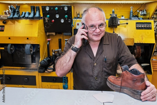 Obraz Shoemaker working on coronavirus days with mask