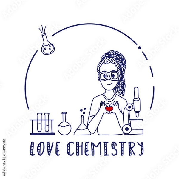 Fototapeta Chemistry doodle with girl in eye glasses. Vector flask, beaker and microscope illustration.