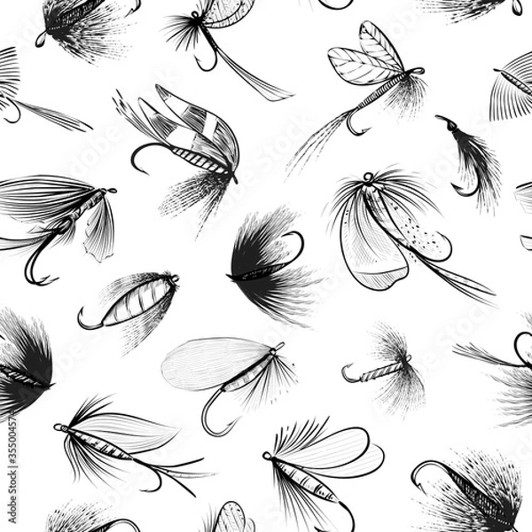 Obraz Fly fishing flies seamless pattern. Fishing lures - black and white vector sketch style illustration isolated on white background