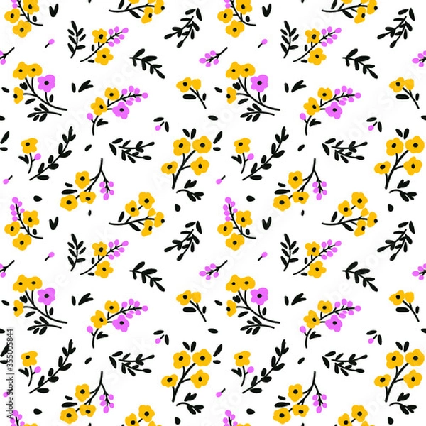 Fototapeta Floral pattern. Pretty flowers on white background. Printing with small yellow flowers. Ditsy print. Seamless vector texture. Spring bouquet.