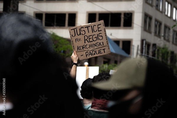 Obraz Protest signs at the protests against police brutality in Toronto, 2020. Black lives matter, justice for Regis, Not another black life.